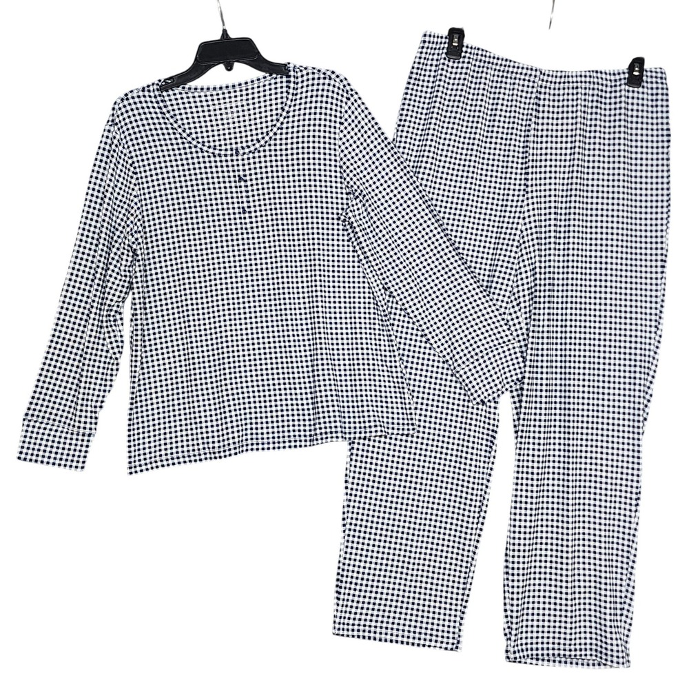 Charter Club Pajama Set Navy Gingham Plaid Henley Top & Pants Pockets Large